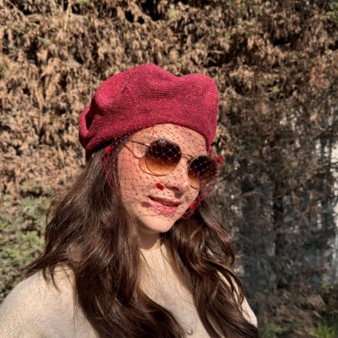 Béret voilette eco chic bordeaux